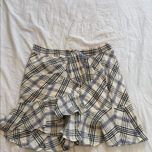 Veronica Beard Plaid Ruffle Wrap Mini Skirt in Cream and Navy